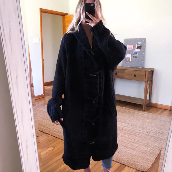 RARE Songzio Long Black Hooded Wool Blend Designer Heavy Cardigan Coatigan Coat - Picture 2 of 12